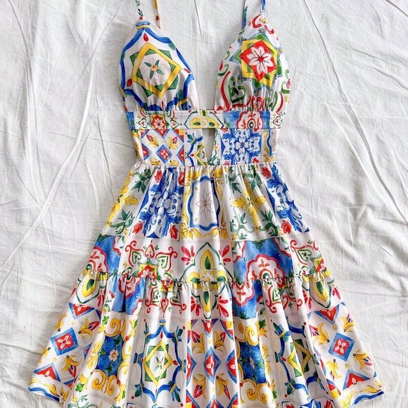 Multicolor Boho Women's Sicily Style Cutout Back Double Layered Short Dress - Picture 6 of 6